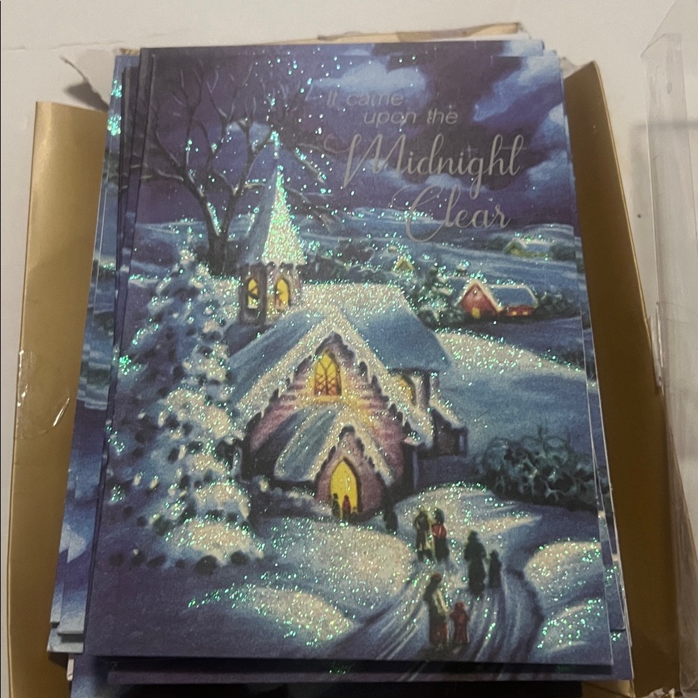 CHRISTMAS CARDS BLUE INK GLITTERY WONTET‎ SCHENE 15 CARDS 15 Envelopes SIZE 5 X7